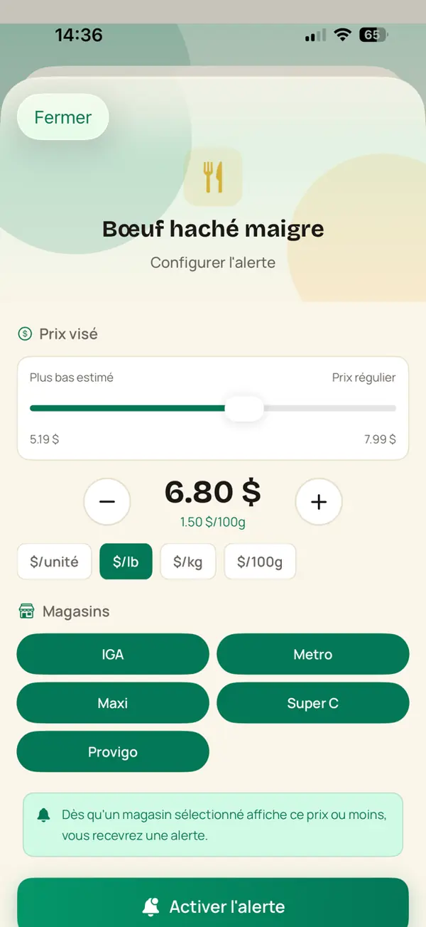 Capture de l'application ÉpicAlerte — définir un prix maximum souhaité