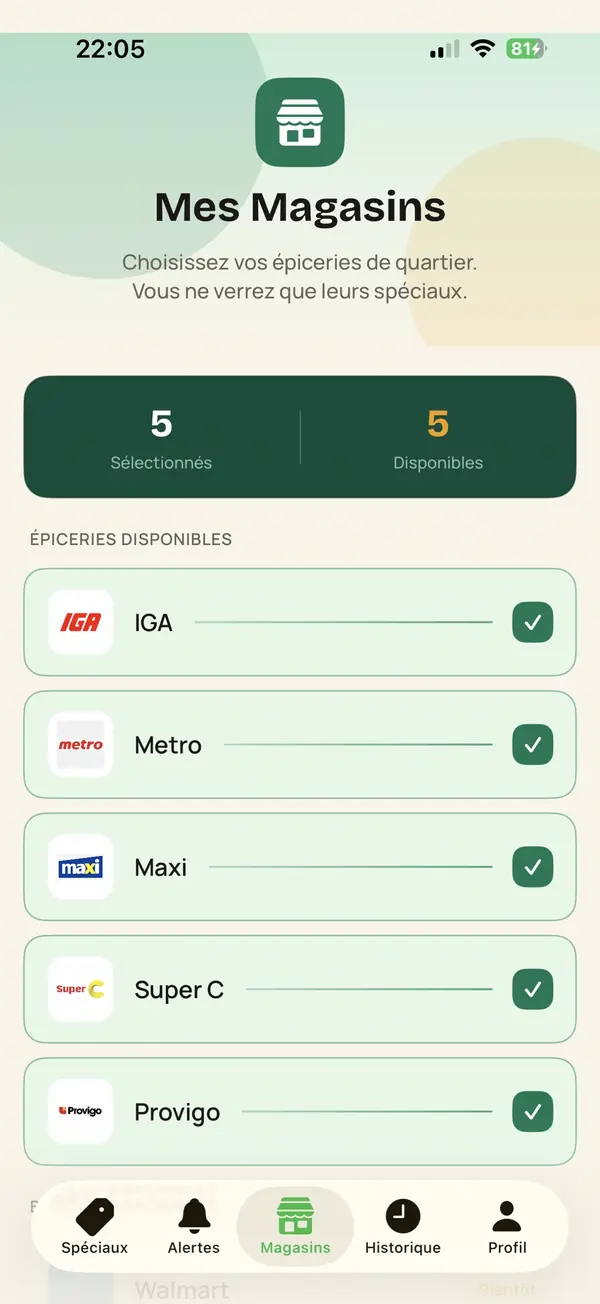Capture de l'application ÉpicAlerte — sélection des épiceries à surveiller
