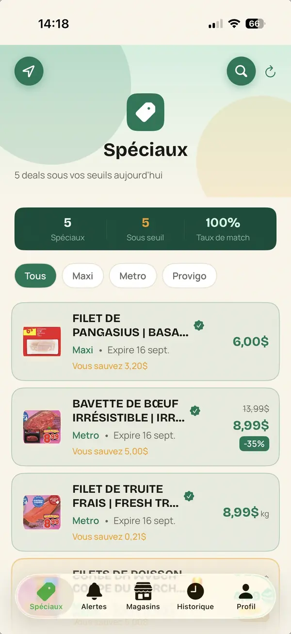 Capture de l'application ÉpicAlerte — liste des spéciaux sous vos seuils